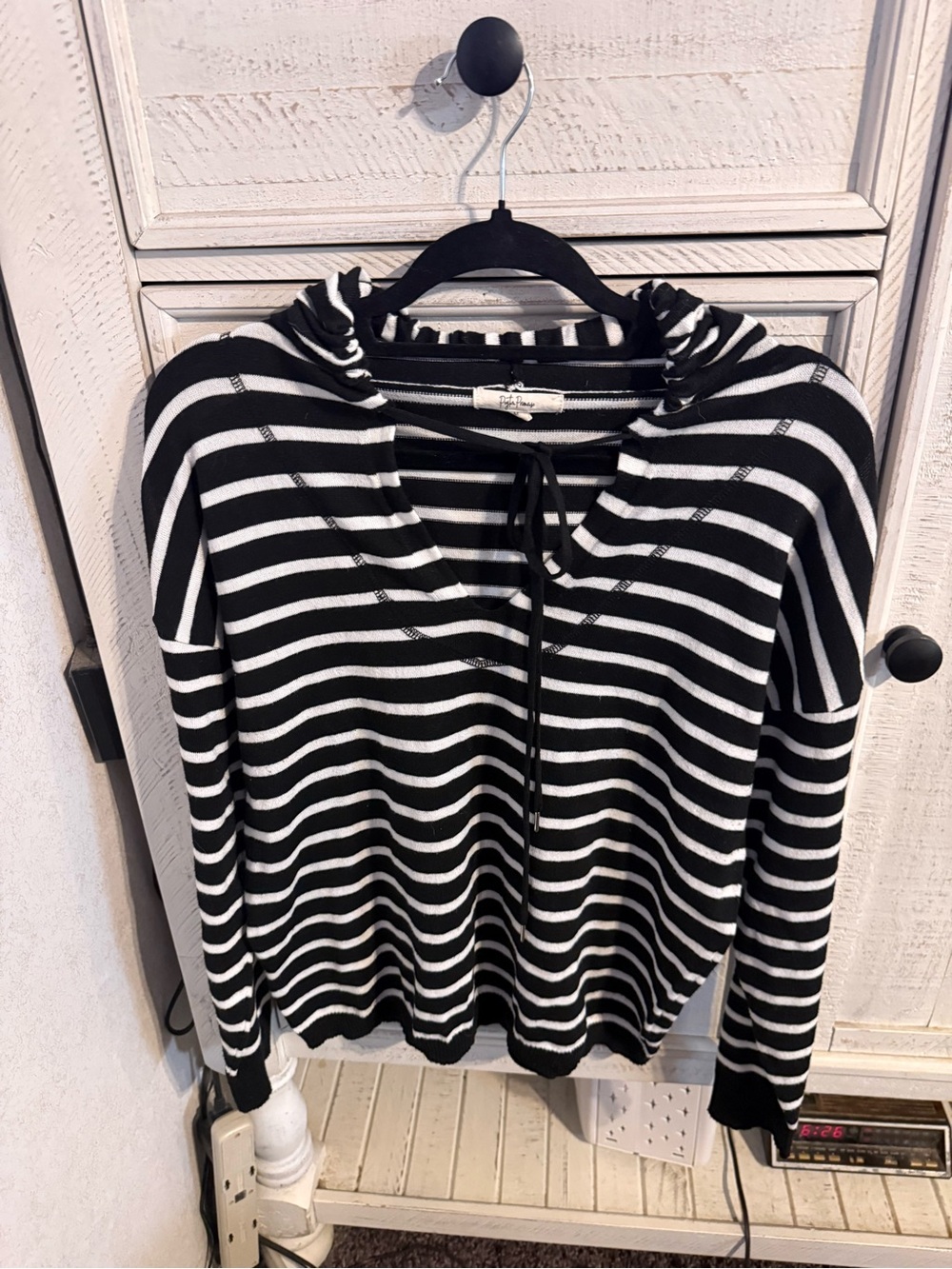 Striped Black & White Hooded Knit Pullover - Women's
